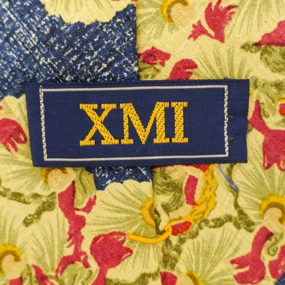 XMI Blue Green Tan Red Abstract Floral Jacquard Textured Print Wide Silk Tie - Picture 3 of 6